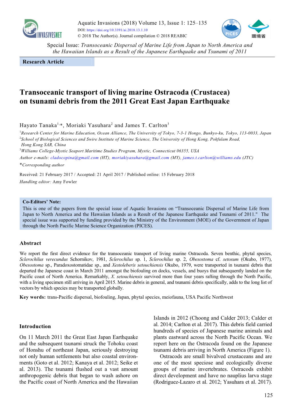 Transoceanic Transport of Living Marine Ostracoda (Crustacea) on Tsunami Debris from the 2011 Great East Japan Earthquake