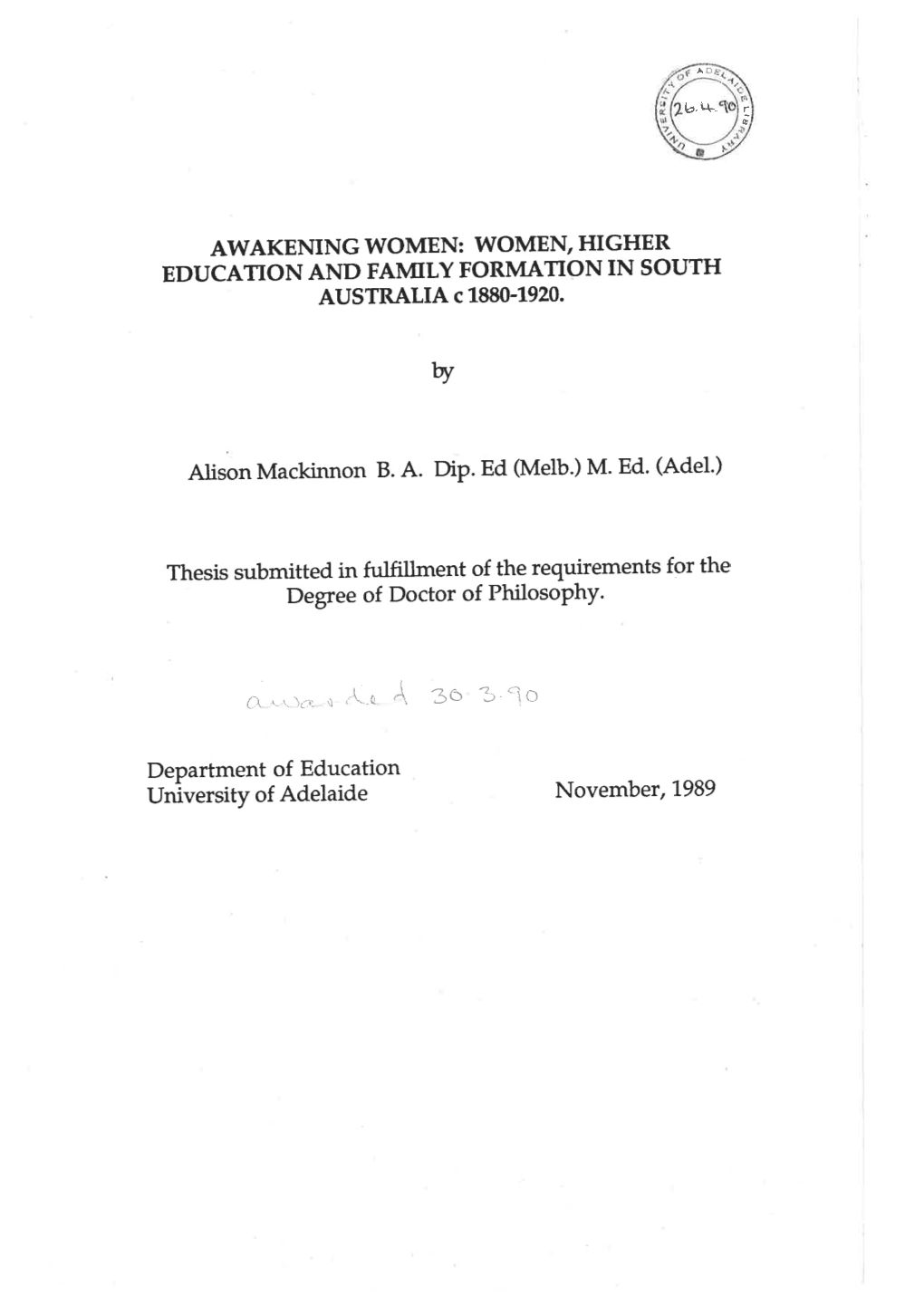 Women, Higher Education and Family Formation in South Australia C1880