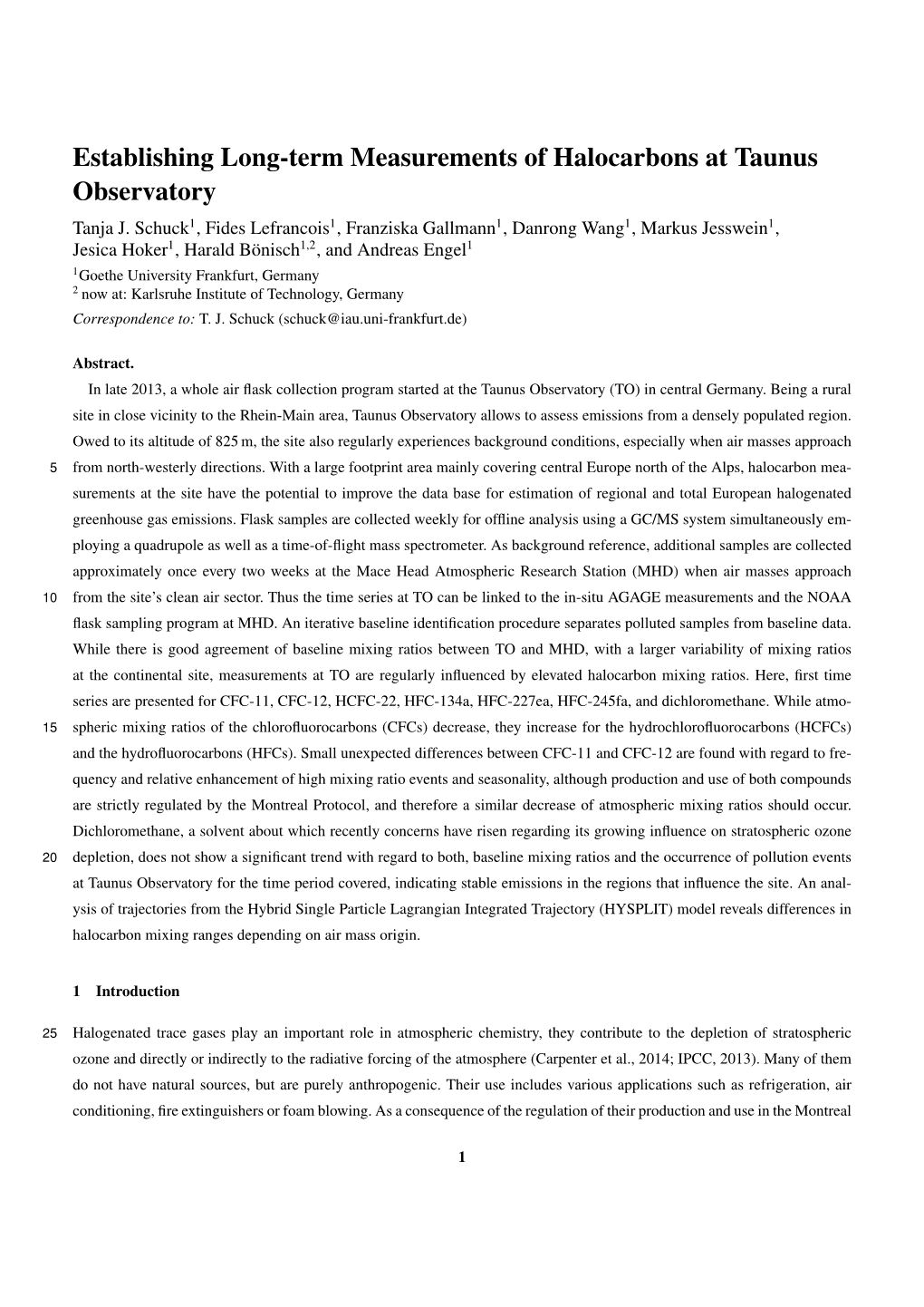 Establishing Long-Term Measurements of Halocarbons at Taunus Observatory Tanja J