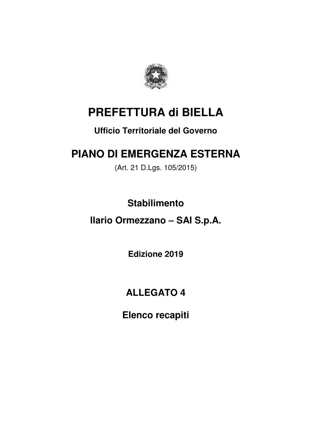 PREFETTURA Di BIELLA Ufficio Territoriale Del Governo