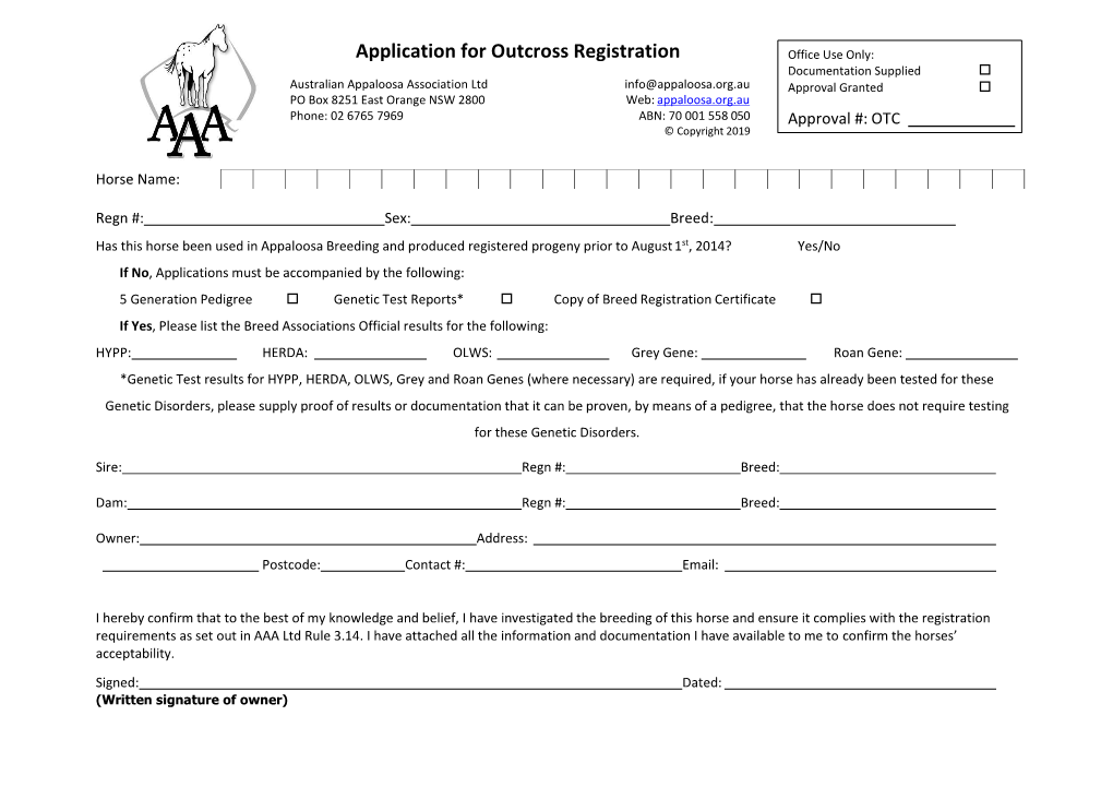 Application for Outcross Registration