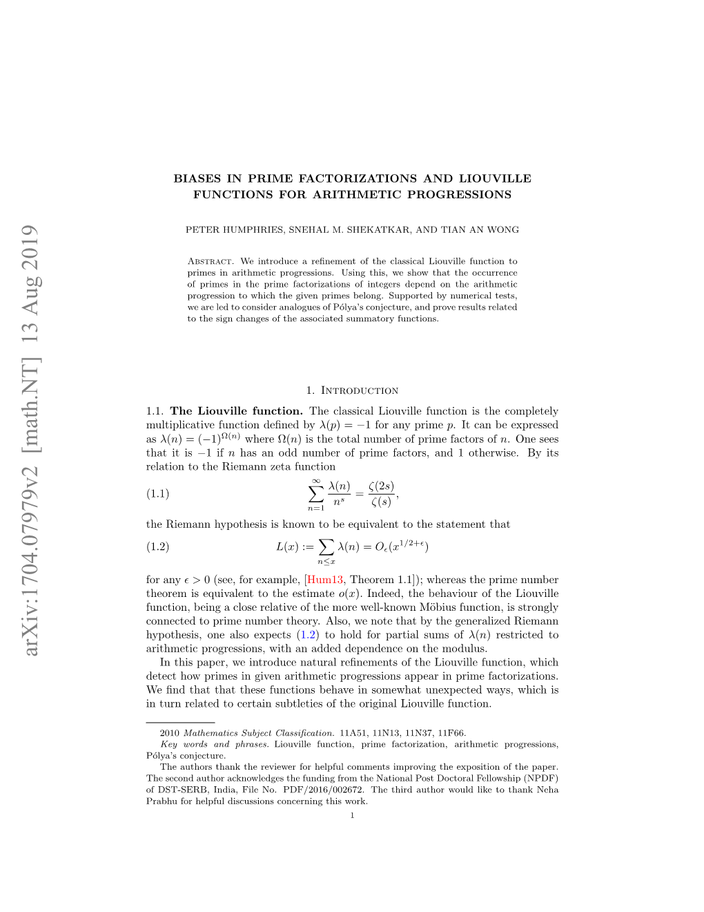 Arxiv:1704.07979V2 [Math.NT] 13 Aug 2019