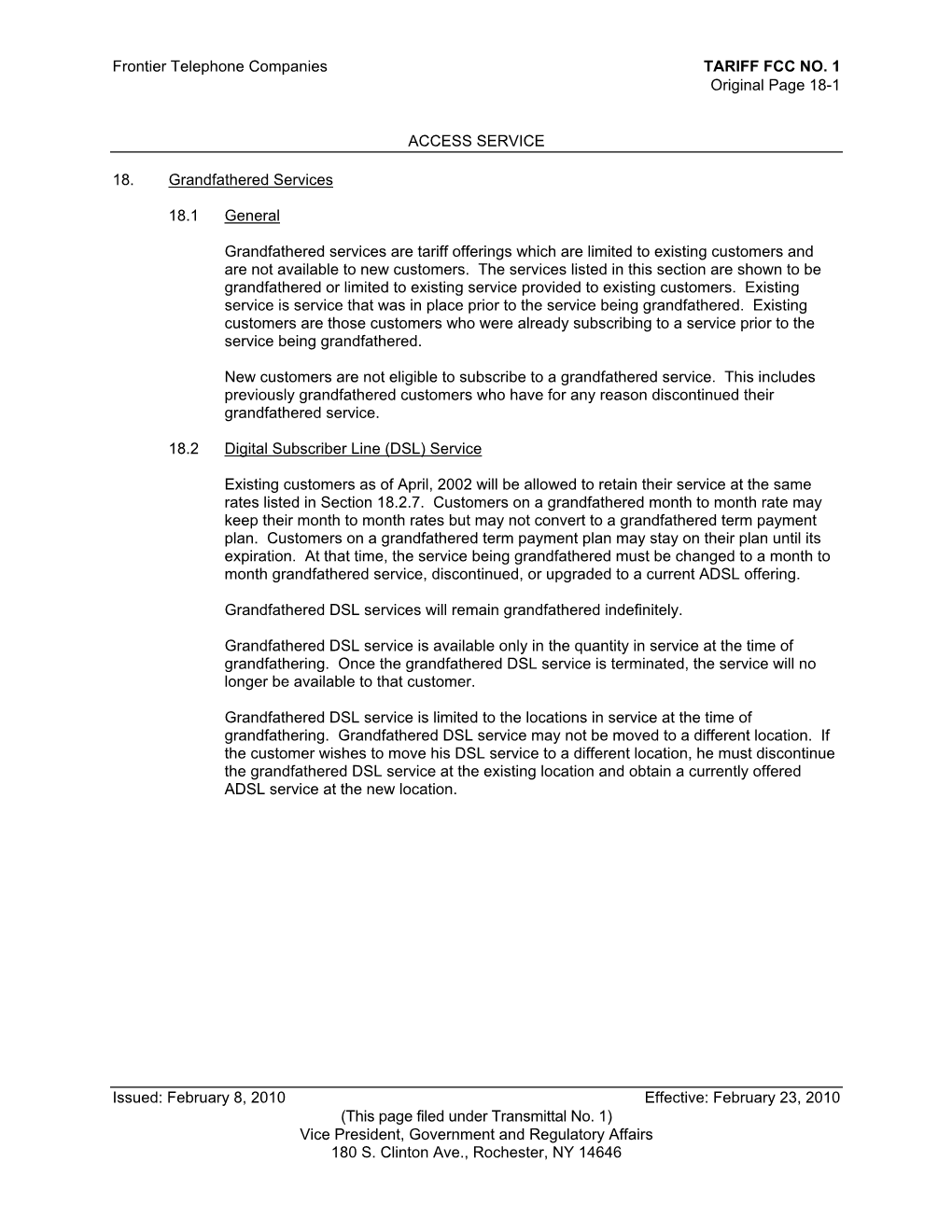 Frontier Telephone Companies TARIFF FCC NO. 1 Original Page 18-1