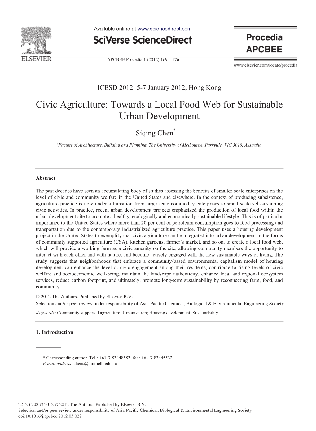 Civic Agriculture: Towards a Local Food Web for Sustainable Urban Development