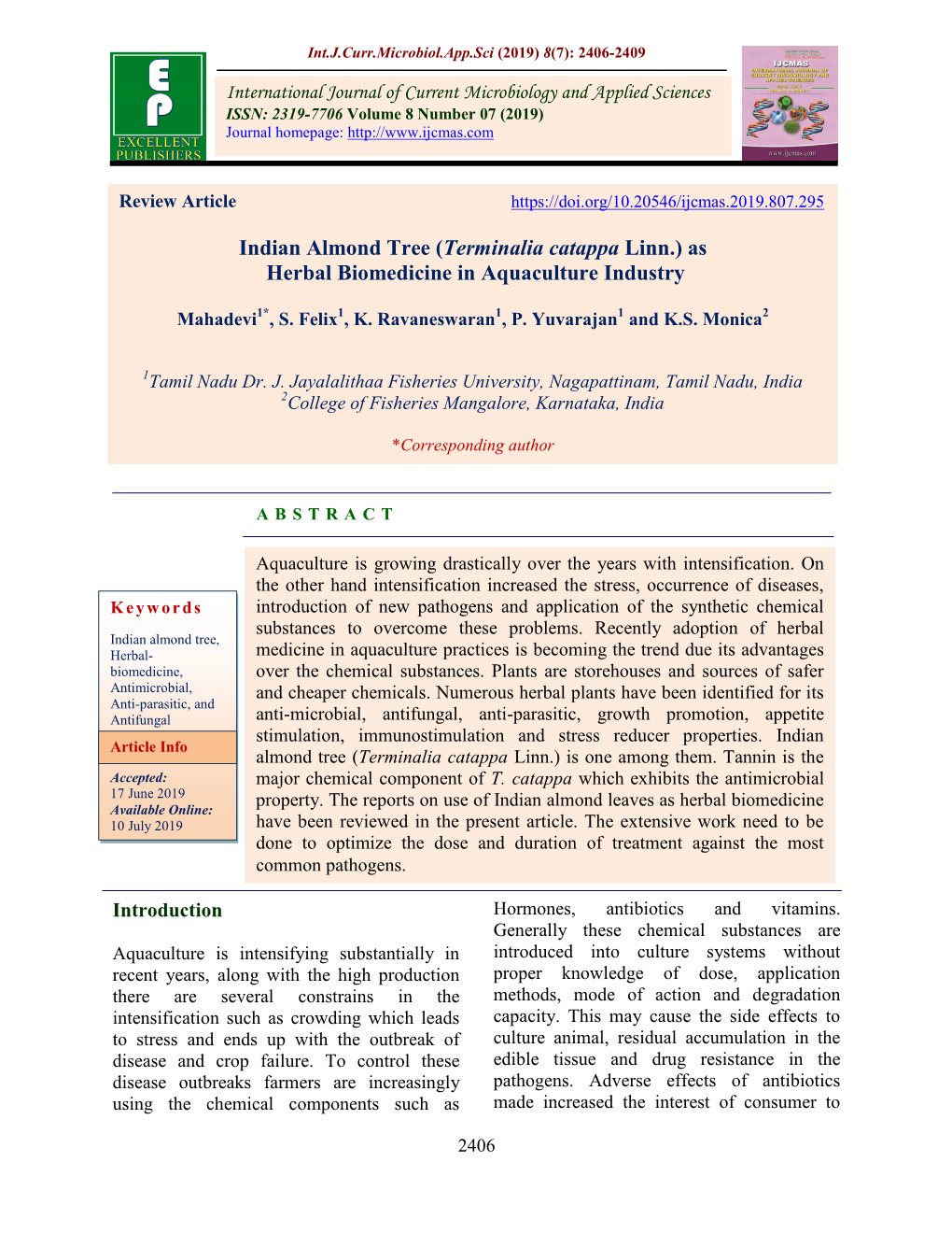 (Terminalia Catappa Linn.) As Herbal Biomedicine in Aquaculture Industry