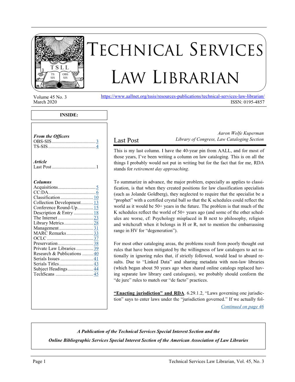 Last Post Library of Congress, Law Cataloging Section TS-SIS