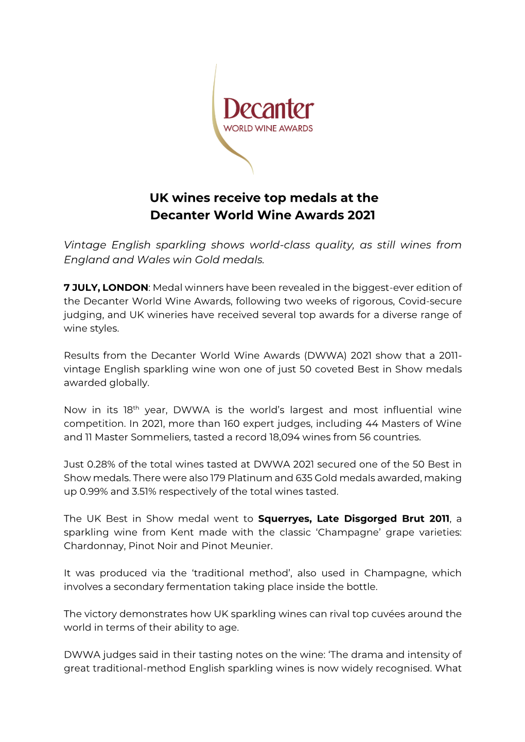 UK Wines Receive Top Medals at the Decanter World Wine Awards 2021