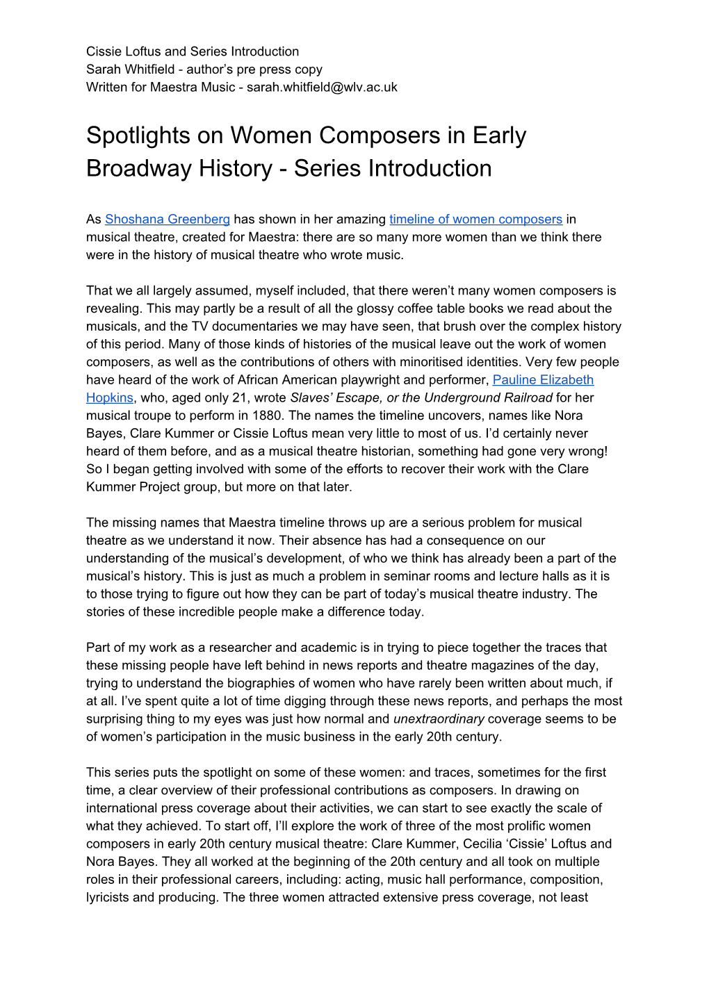 Spotlights on Women Composers in Early Broadway History -Series