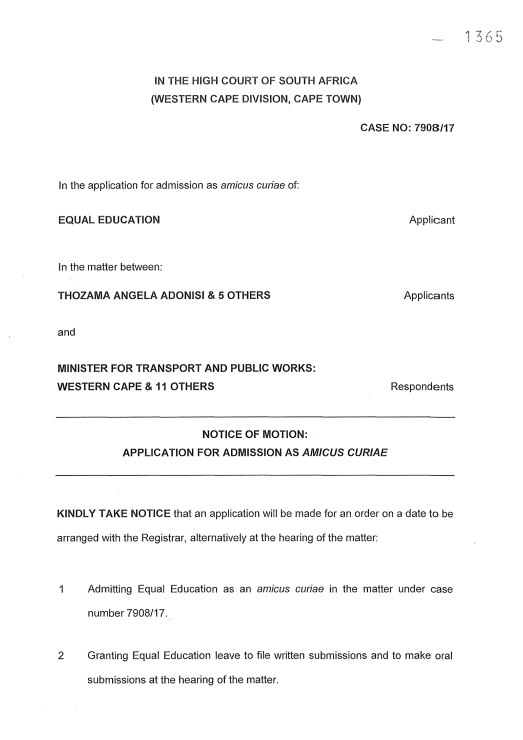 Equal Education's Application for Intervention As a Friend of the Court