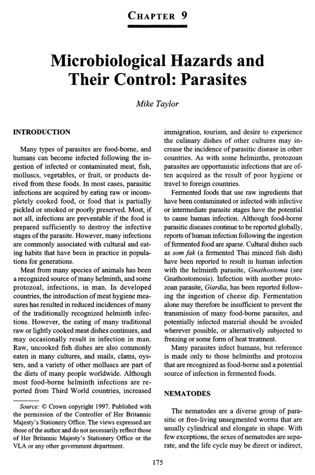 Microbiological Hazards and Their Control: Parasites
