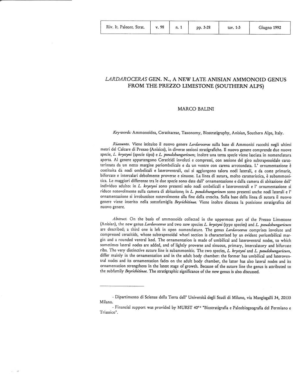 Lardaroceras Gen. N., a Ne\T Late Anisian Ammonoid Genus from the Prezzo Ltmestone (Southern Alps)