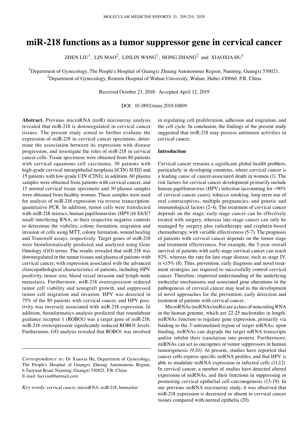 Mir‑218 Functions As a Tumor Suppressor Gene in Cervical Cancer