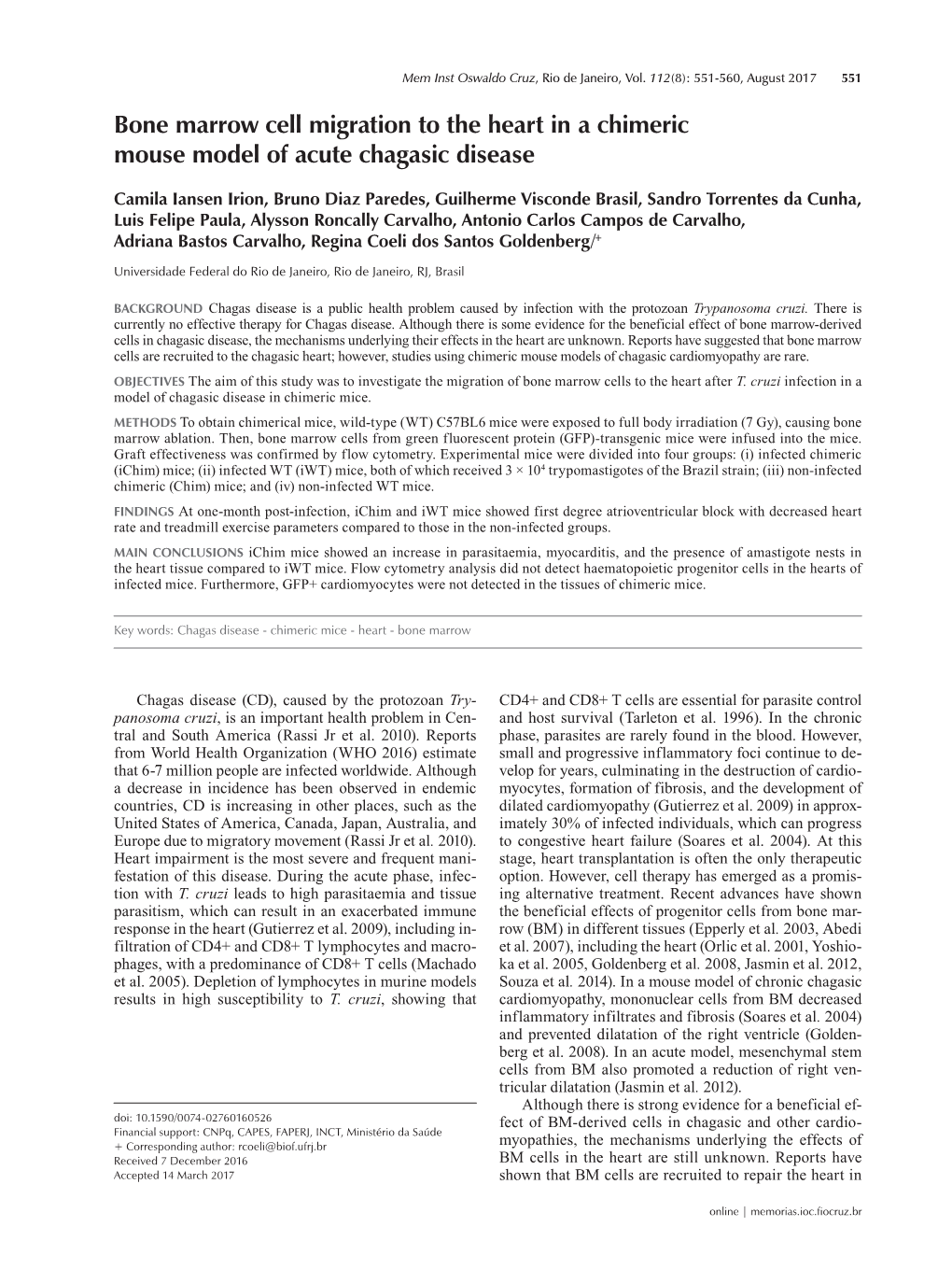 Bone Marrow Cell Migration to the Heart in a Chimeric Mouse Model of Acute Chagasic Disease