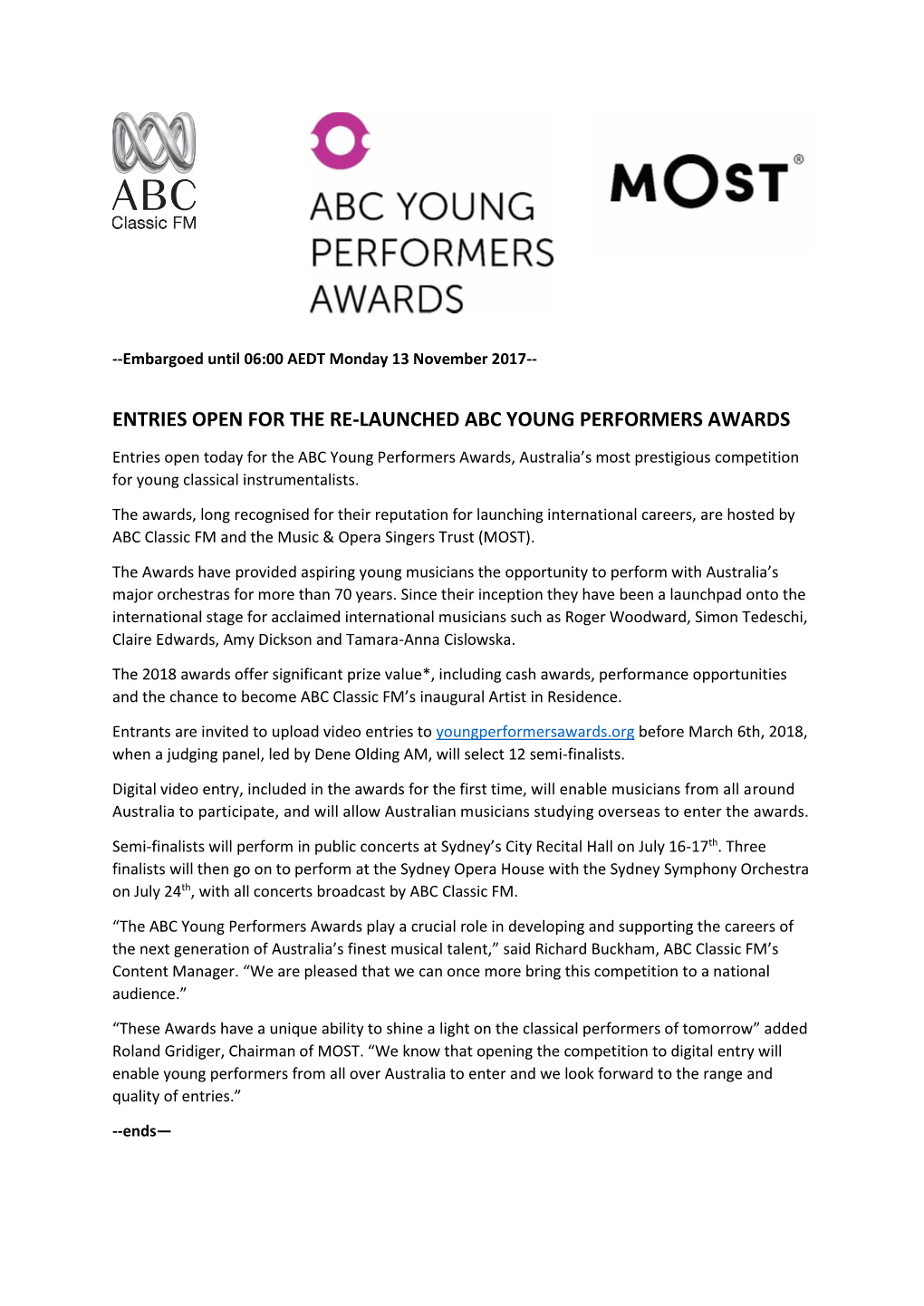 Entries Open for the Re-Launched Abc Young Performers Awards