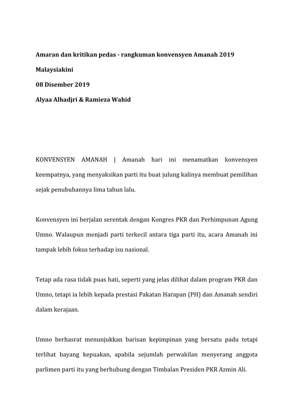 Rangkuman Konvensyen Amanah 2019 Malaysiakini 08 Disember
