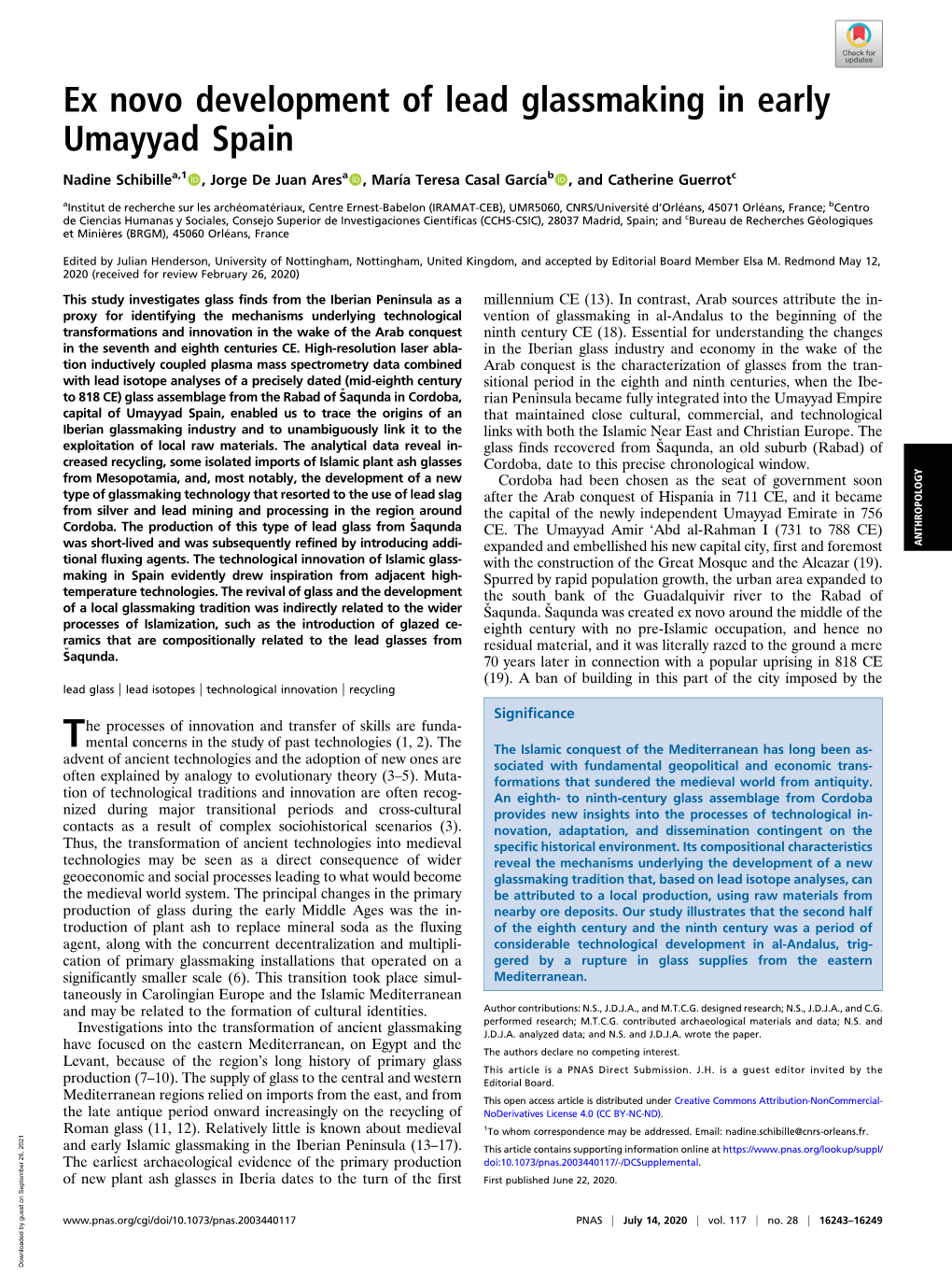 Ex Novo Development of Lead Glassmaking in Early Umayyad Spain