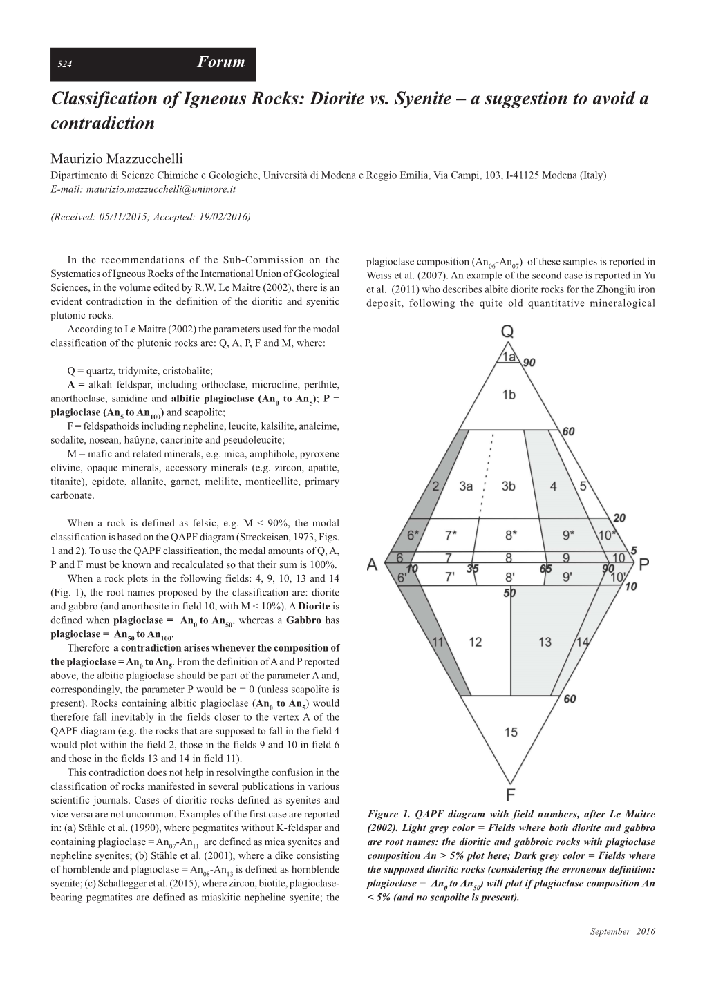 Classification of Igneous Rocks: Diorite Vs. Syenite – a Suggestion to Avoid a Contradiction