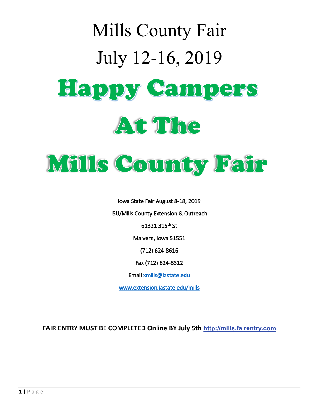 Mills County Fair July 12-16, 2019