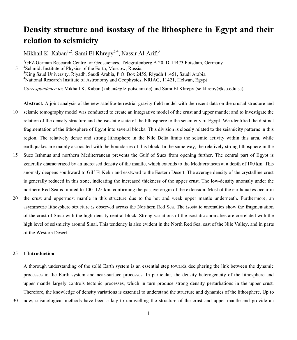 Density Structure and Isostasy of the Lithosphere in Egypt and Their Relation to Seismicity Mikhail K