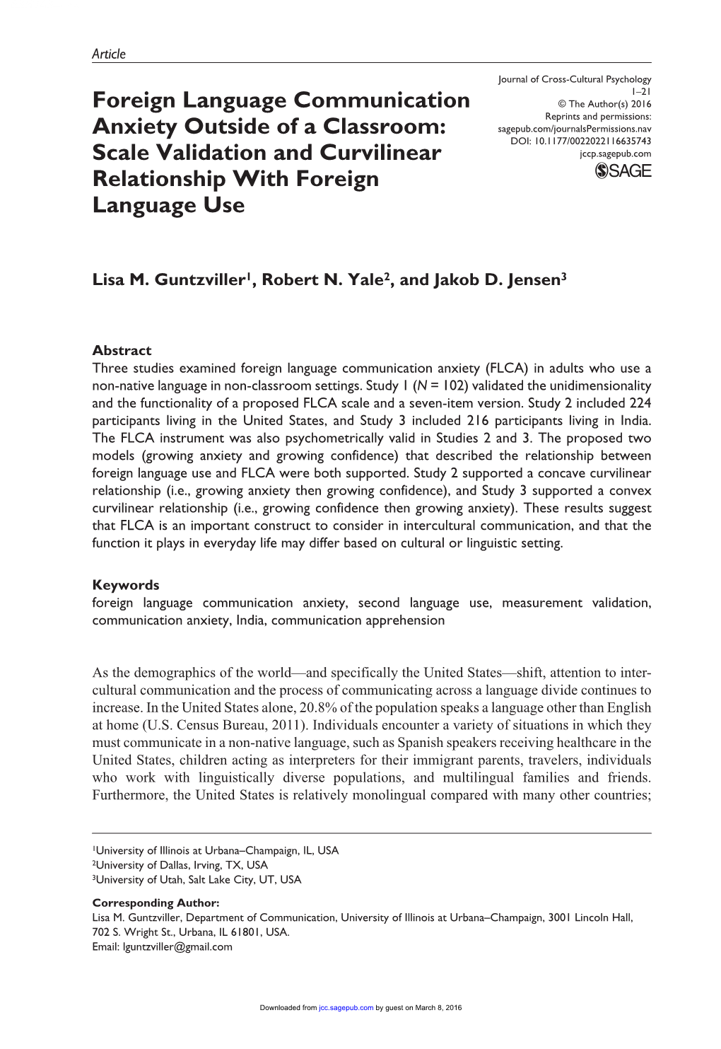 Foreign Language Communication Anxiety (FLCA) in Adults Who Use a Non-Native Language in Non-Classroom Settings