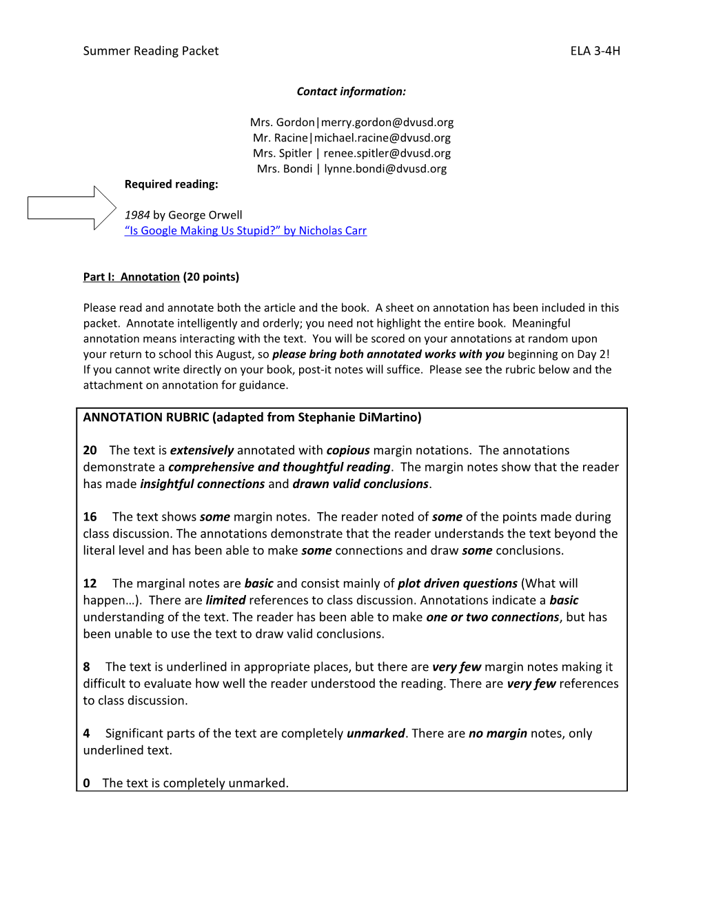 Summer Reading Packet ELA 3-4H