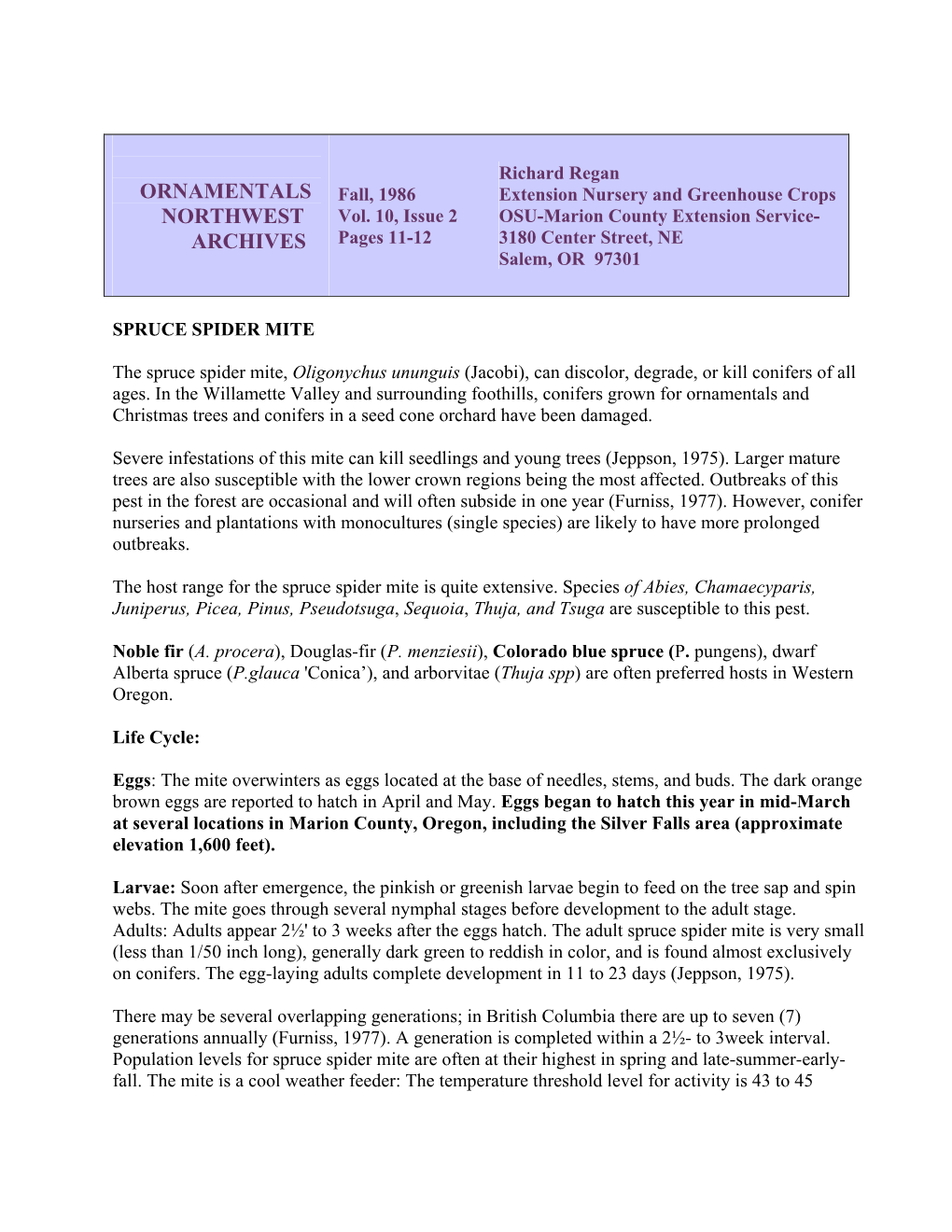 Spruce Spider Mite, Vol. 10, Issue 2