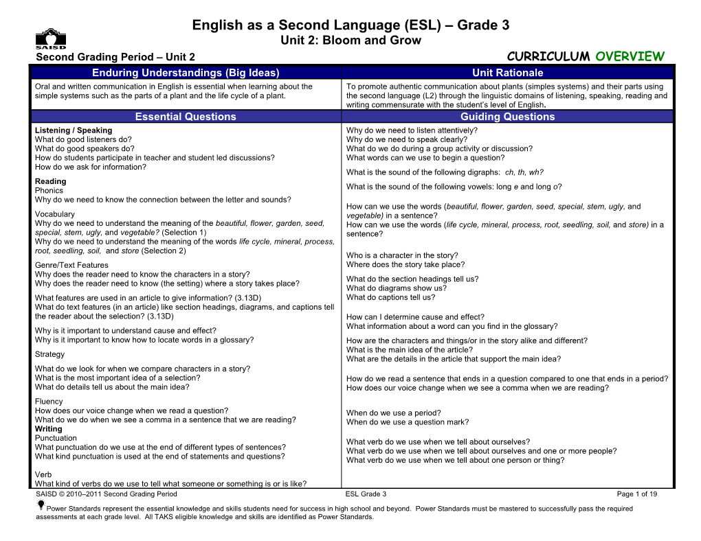 English As A Second Language (ESL) – Grade 3