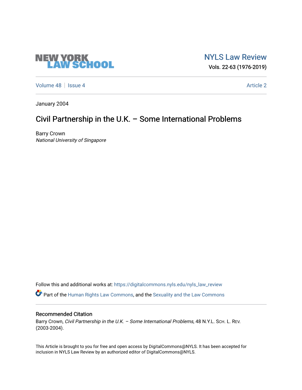 Civil Partnership in the U.K. – Some International Problems