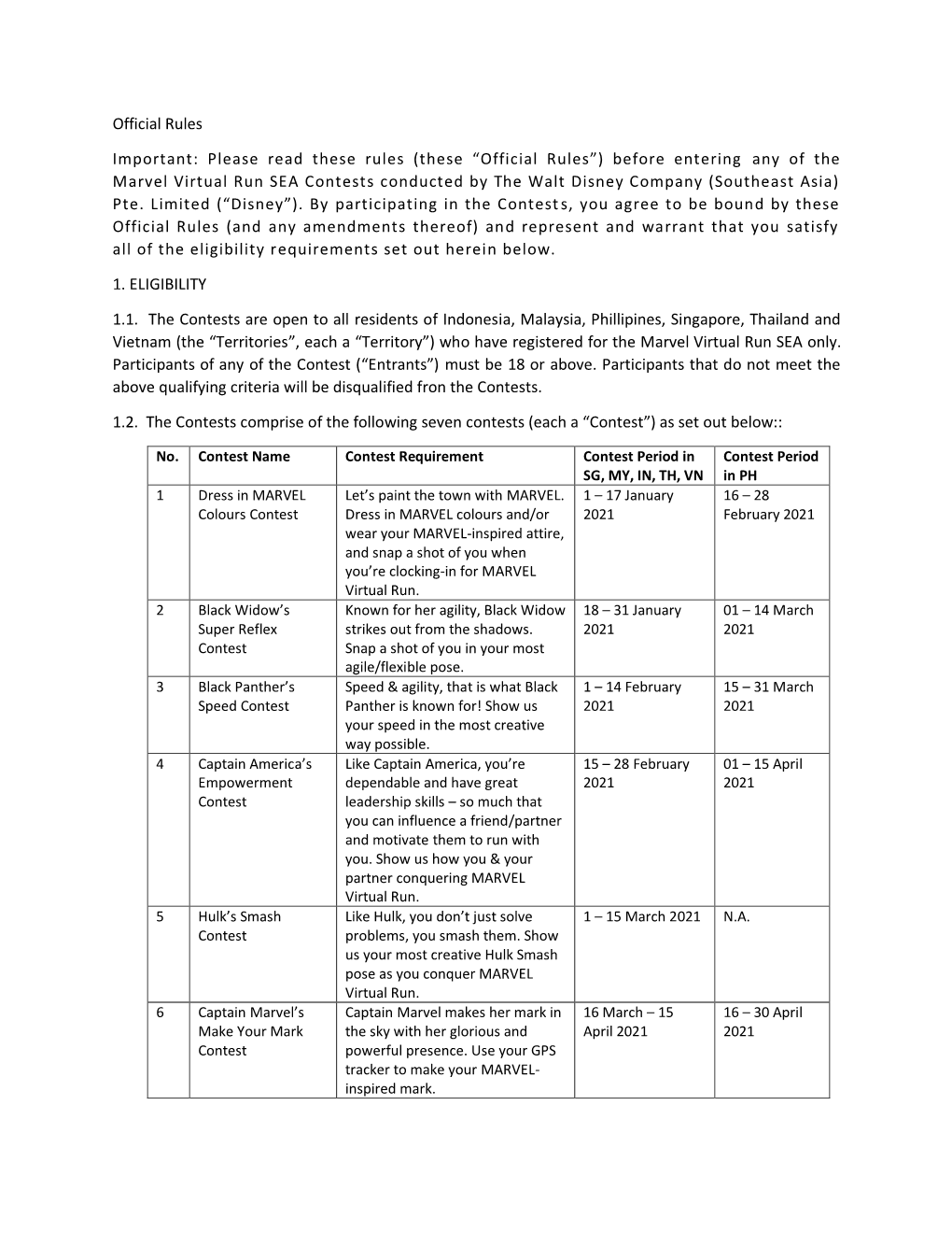 (These “Official Rules”) Before Entering Any of the Marvel Virtual Run SEA Contests Conducted by the Walt Disney Company (Southeast Asia) Pte