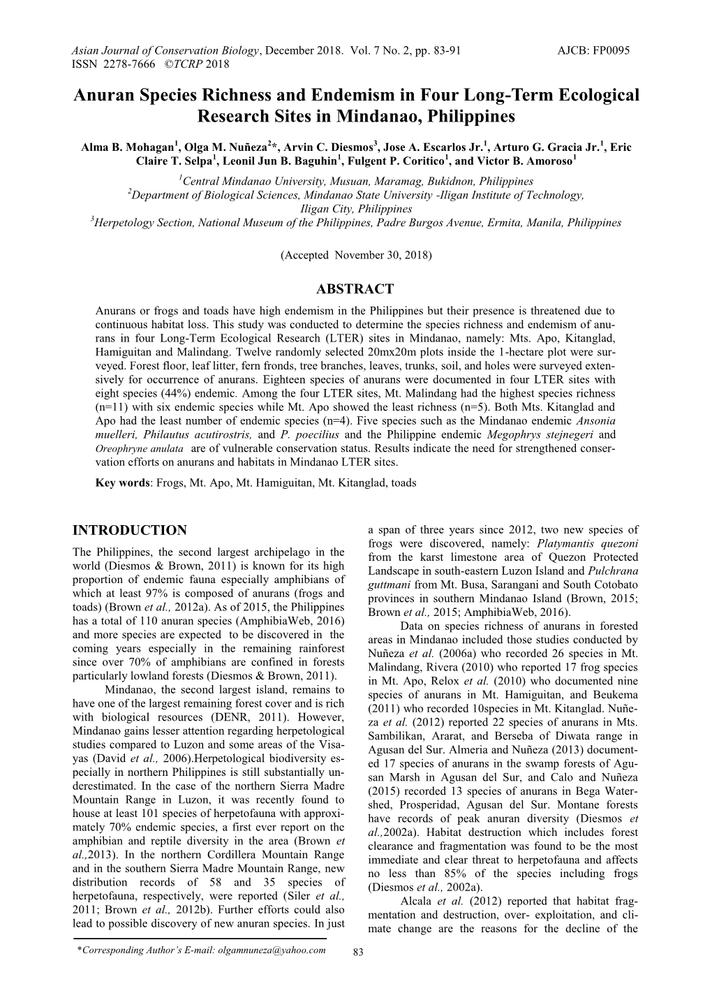 Anuran Species Richness and Endemism in Four Long-Term Ecological Research Sites in Mindanao, Philippines