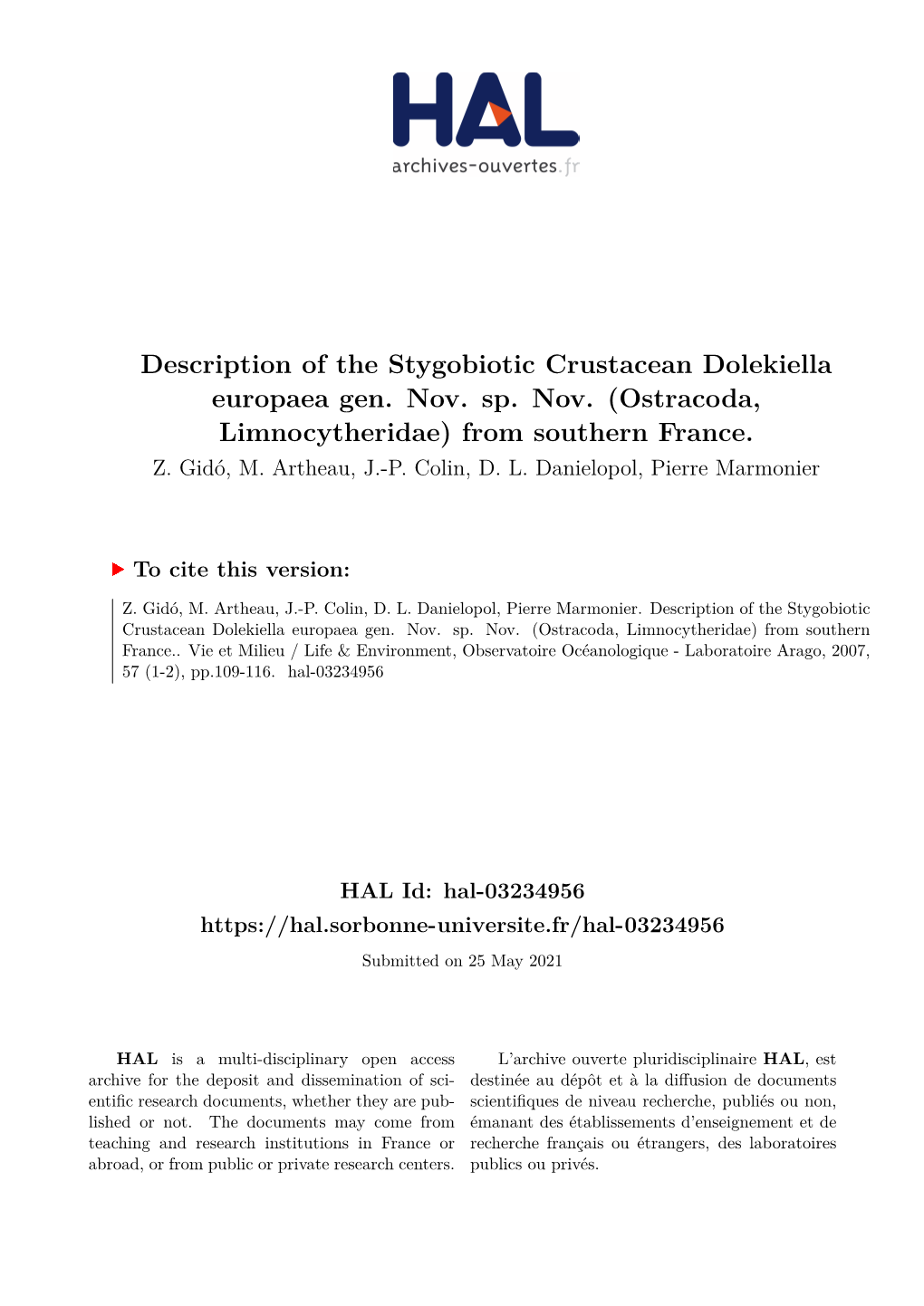 Ostracoda, Limnocytheridae) from Southern France