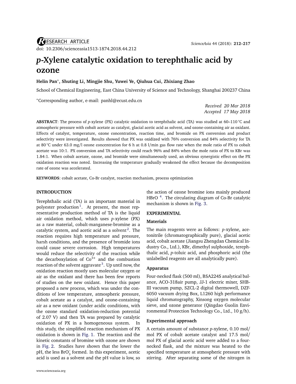 P-Xylene Catalytic Oxidation to Terephthalic Acid by Ozone