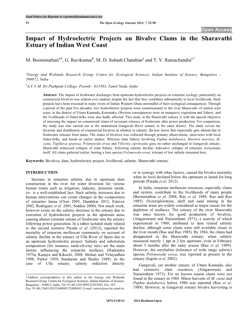 Impact of Hydroelectric Projects on Bivalve Clams in the Sharavathi Estuary of Indian West Coast