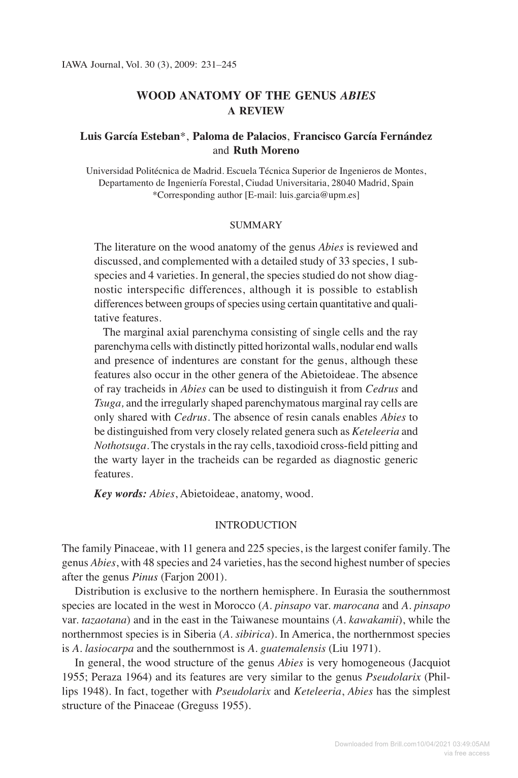 Wood Anatomy of the Genus Abies Luis García Esteban*, Paloma