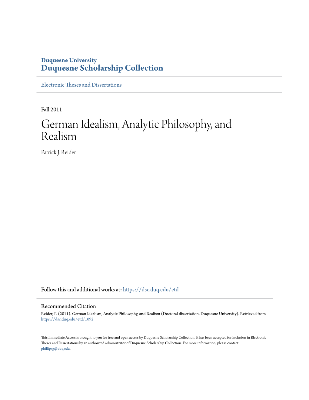 German Idealism, Analytic Philosophy, and Realism Patrick J
