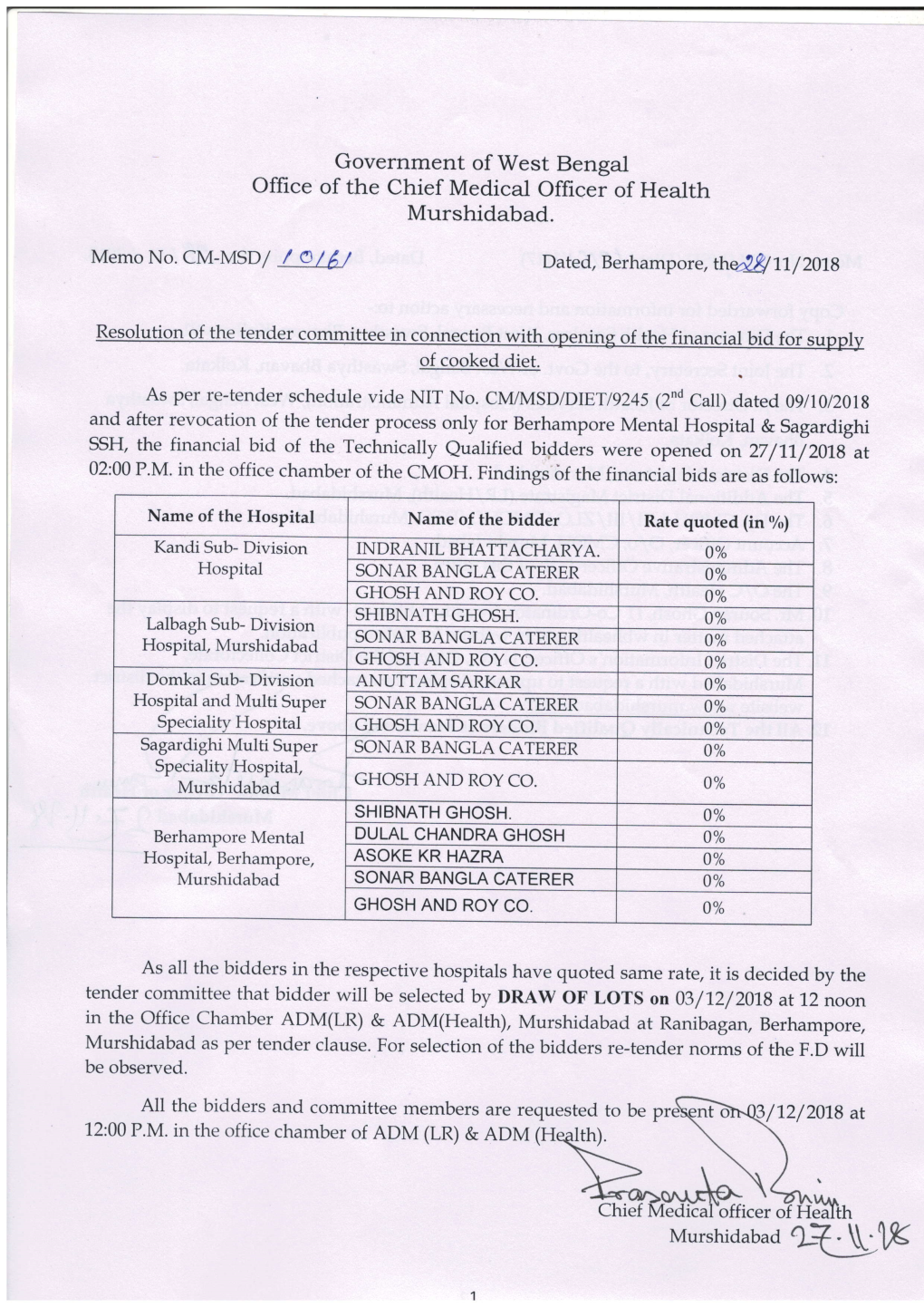 Office of the Chief Medical Officer of Health Murshidabad. Memono.CM-MSD/ A/6/ / Dated, Berhampo Re, Thed.& 11,/ 2O1B