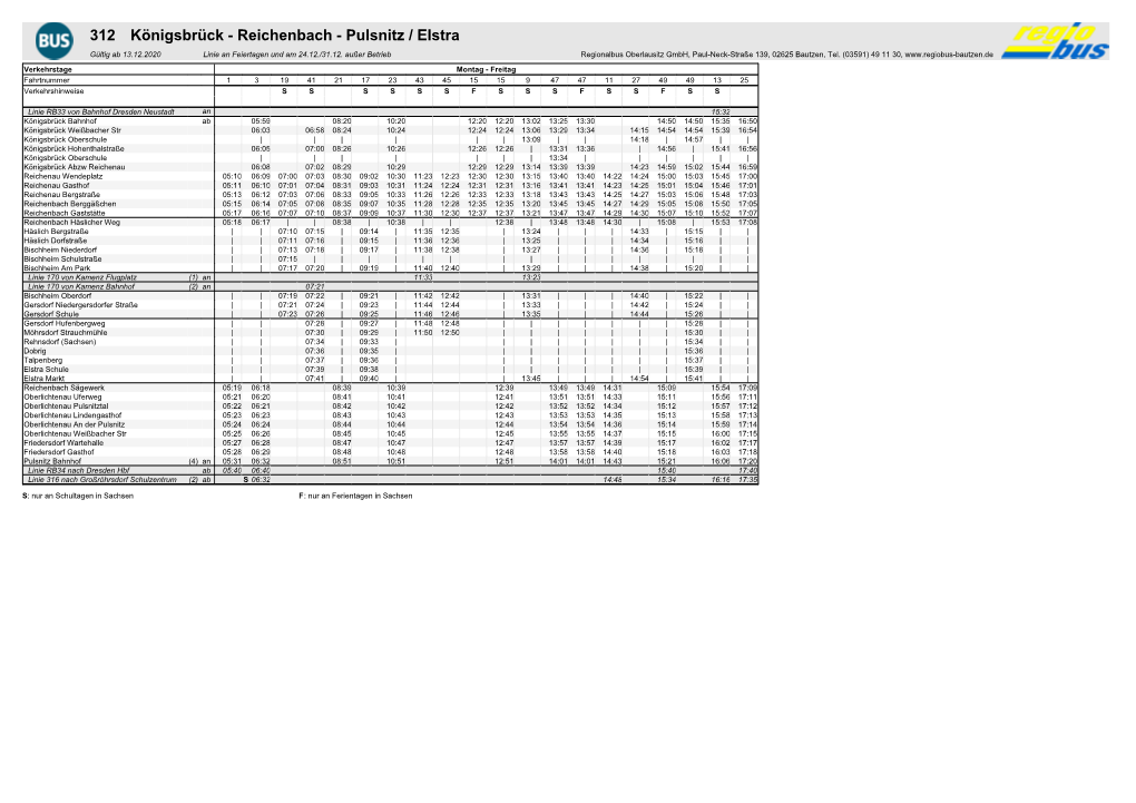 312 Königsbrück - Reichenbach - Pulsnitz / Elstra Gültig Ab 13.12.2020 Linie an Feiertagen Und Am 24.12./31.12