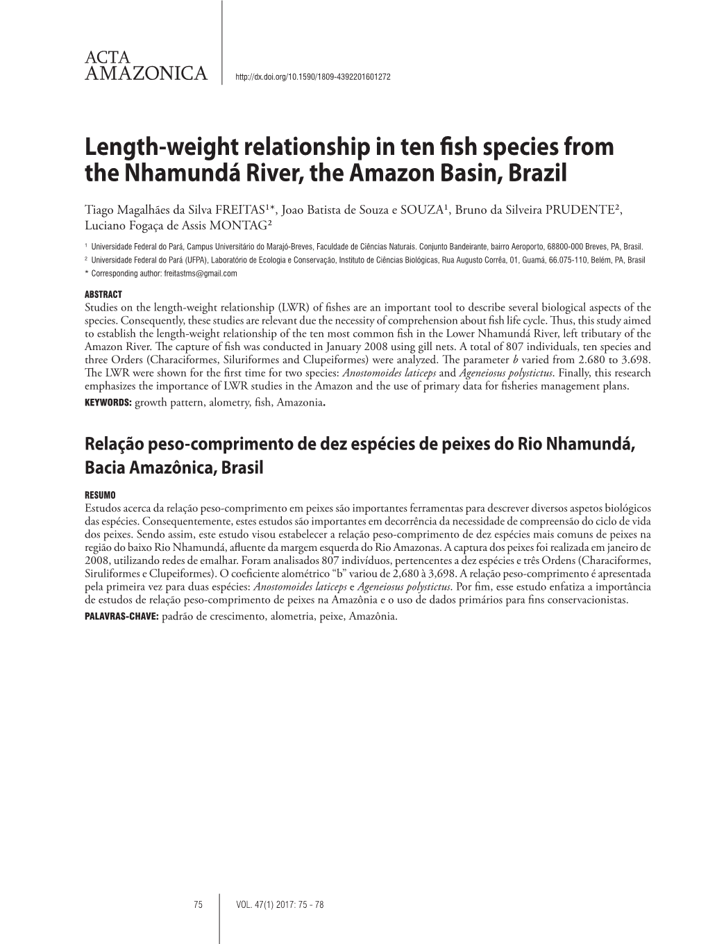 Length-Weight Relationship in Ten Fish Species from the Nhamundá River, the Amazon Basin, Brazil