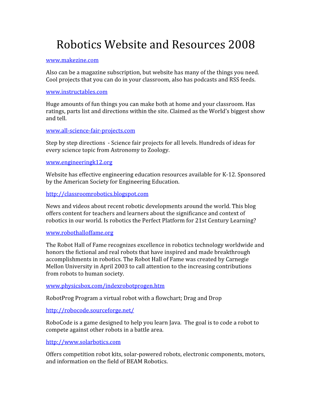 Robotics Website and Resources 2008