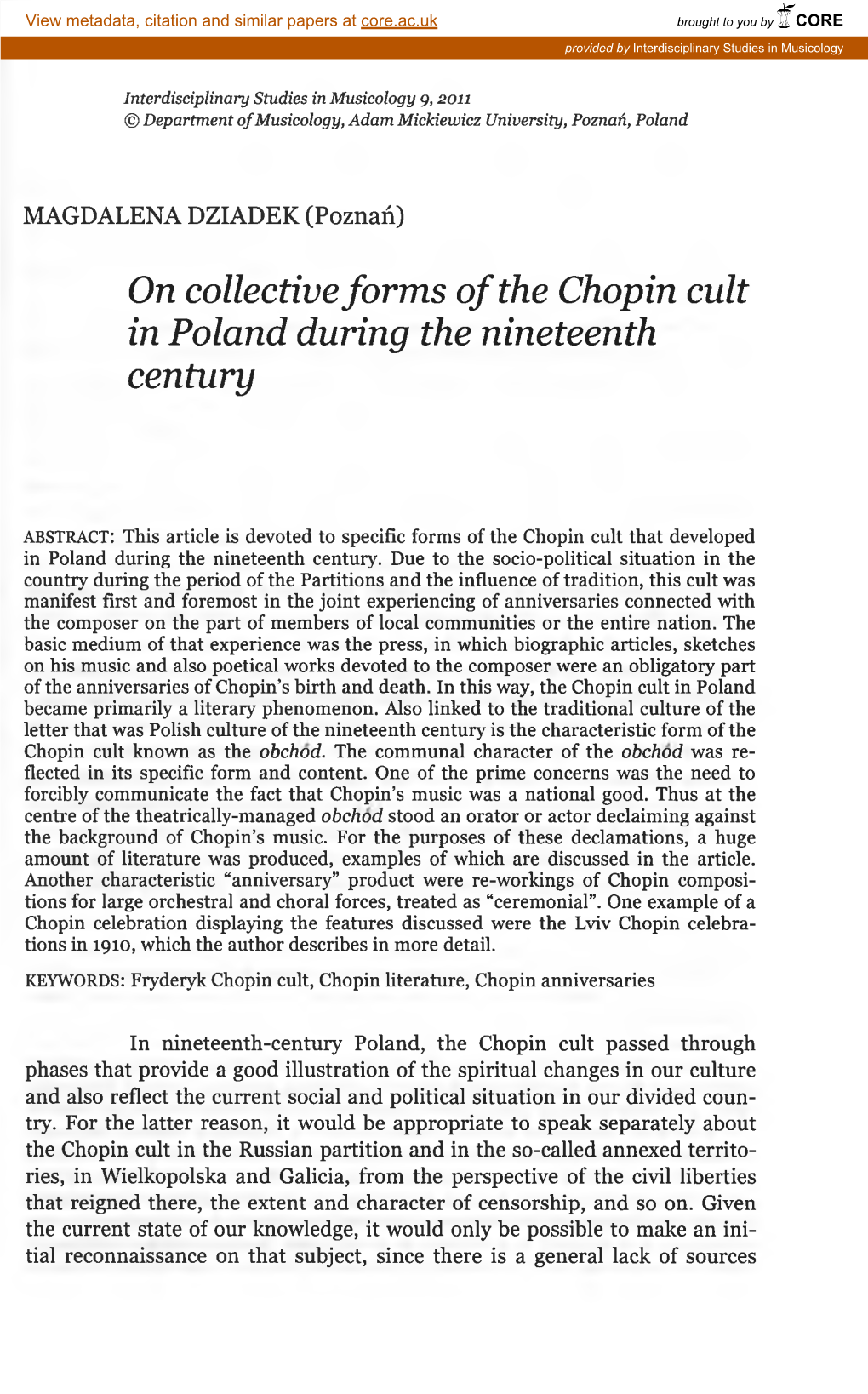 On Collective Forms of the Chopin Cult in Poland During the Nineteenth Century