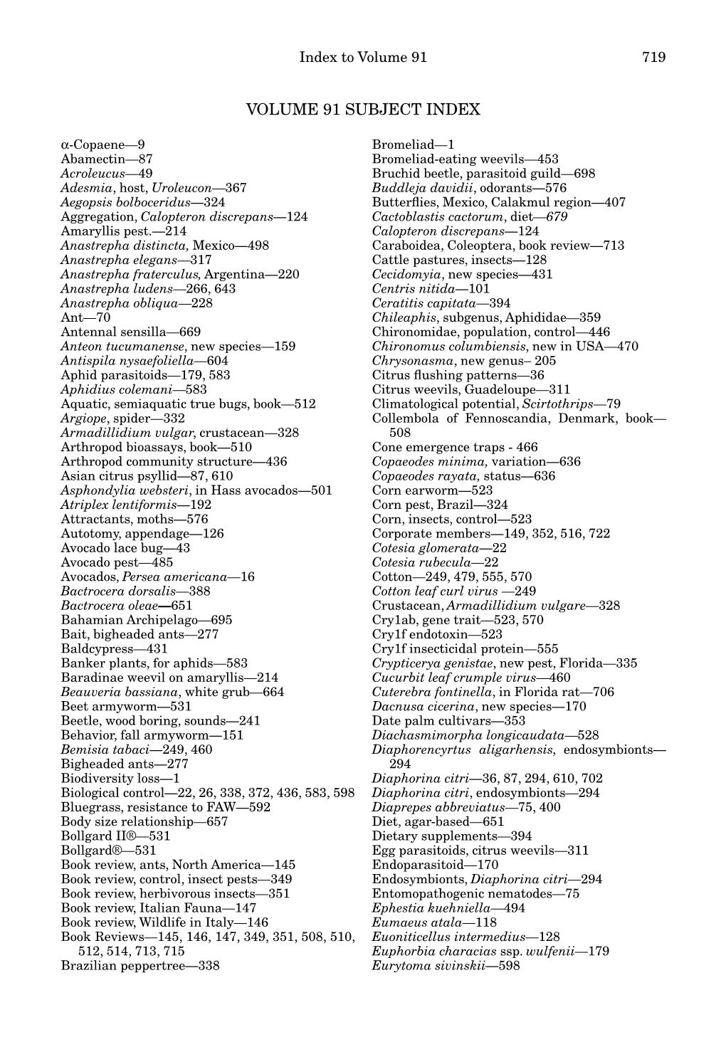 Volume 91 Subject Index