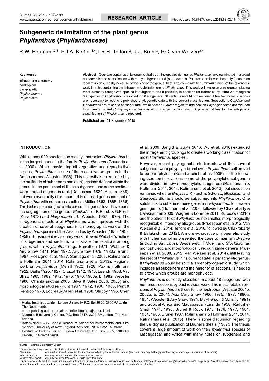 Subgeneric Delimitation of the Plant Genus Phyllanthus (Phyllanthaceae)