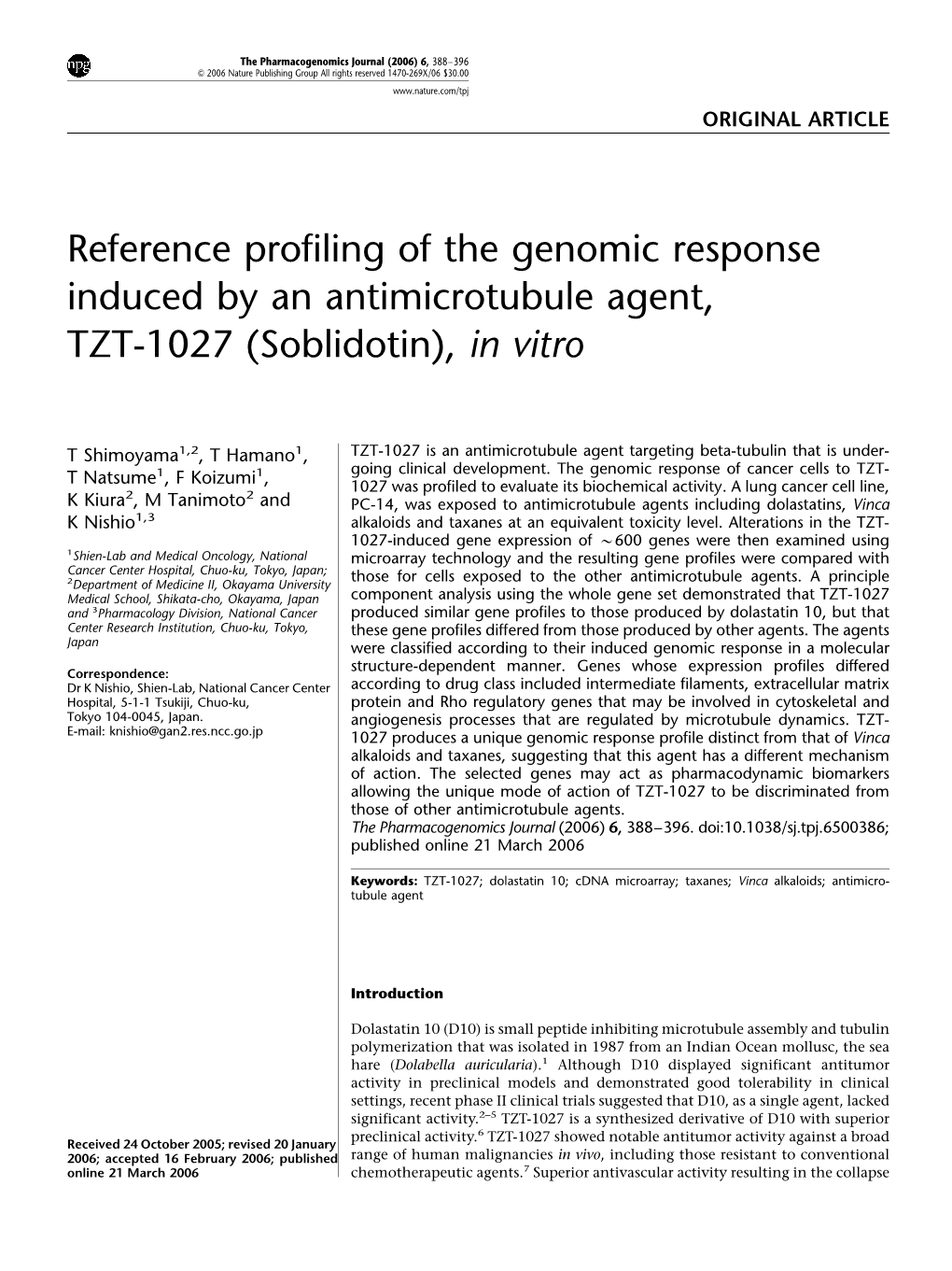 Reference Profiling of the Genomic Response Induced by an Antimicrotubule Agent, TZT-1027 (Soblidotin), in Vitro