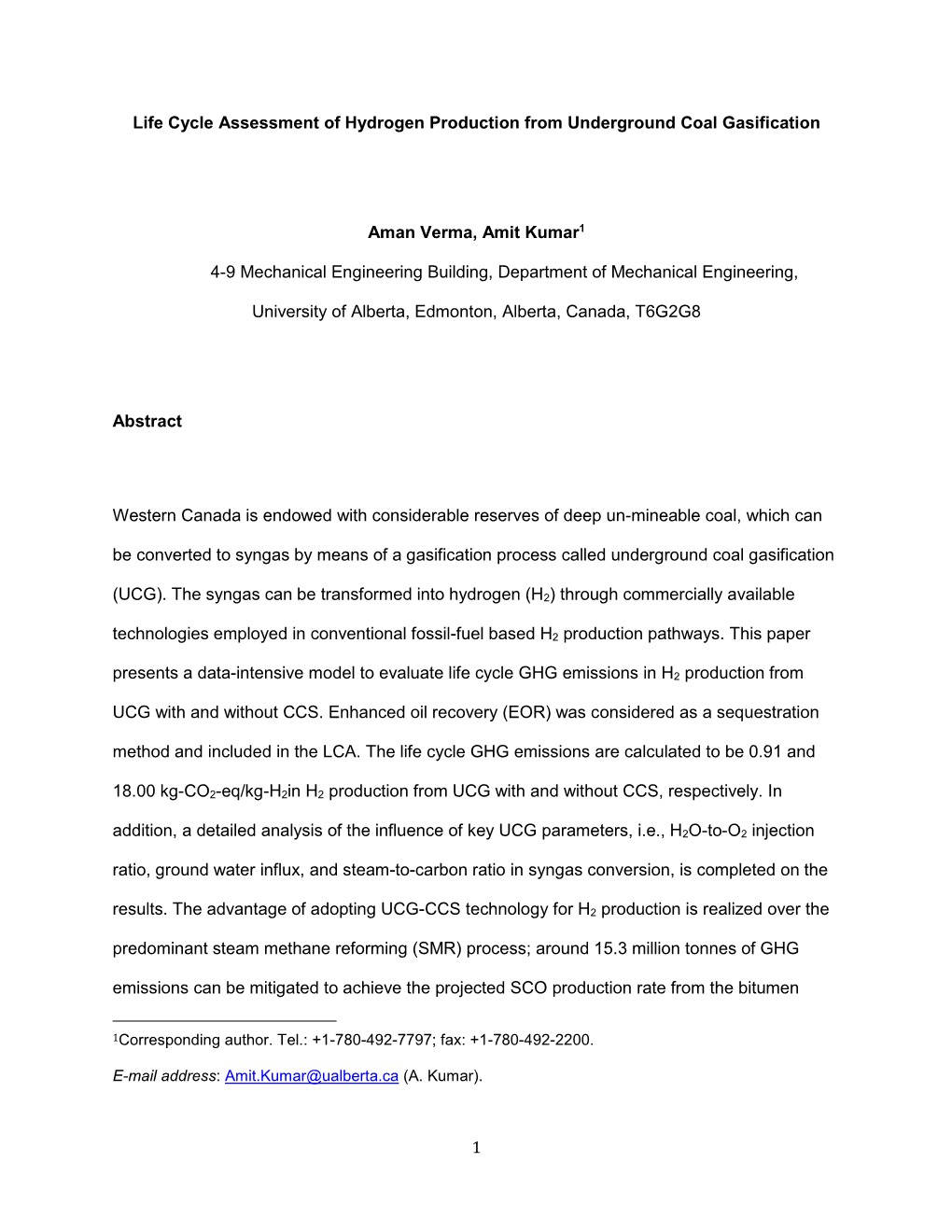 1 Life Cycle Assessment of Hydrogen Production from Underground Coal