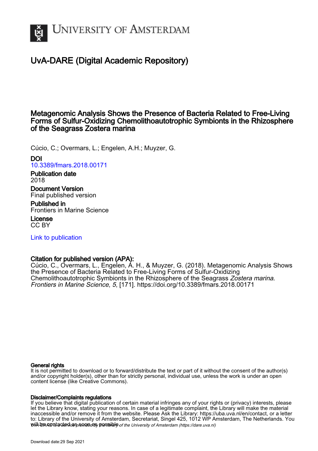 Metagenomic Analysis Shows the Presence of Bacteria Related to Free-Living Forms of Sulfur-Oxidizing Chemolithoautotrophic Symbi