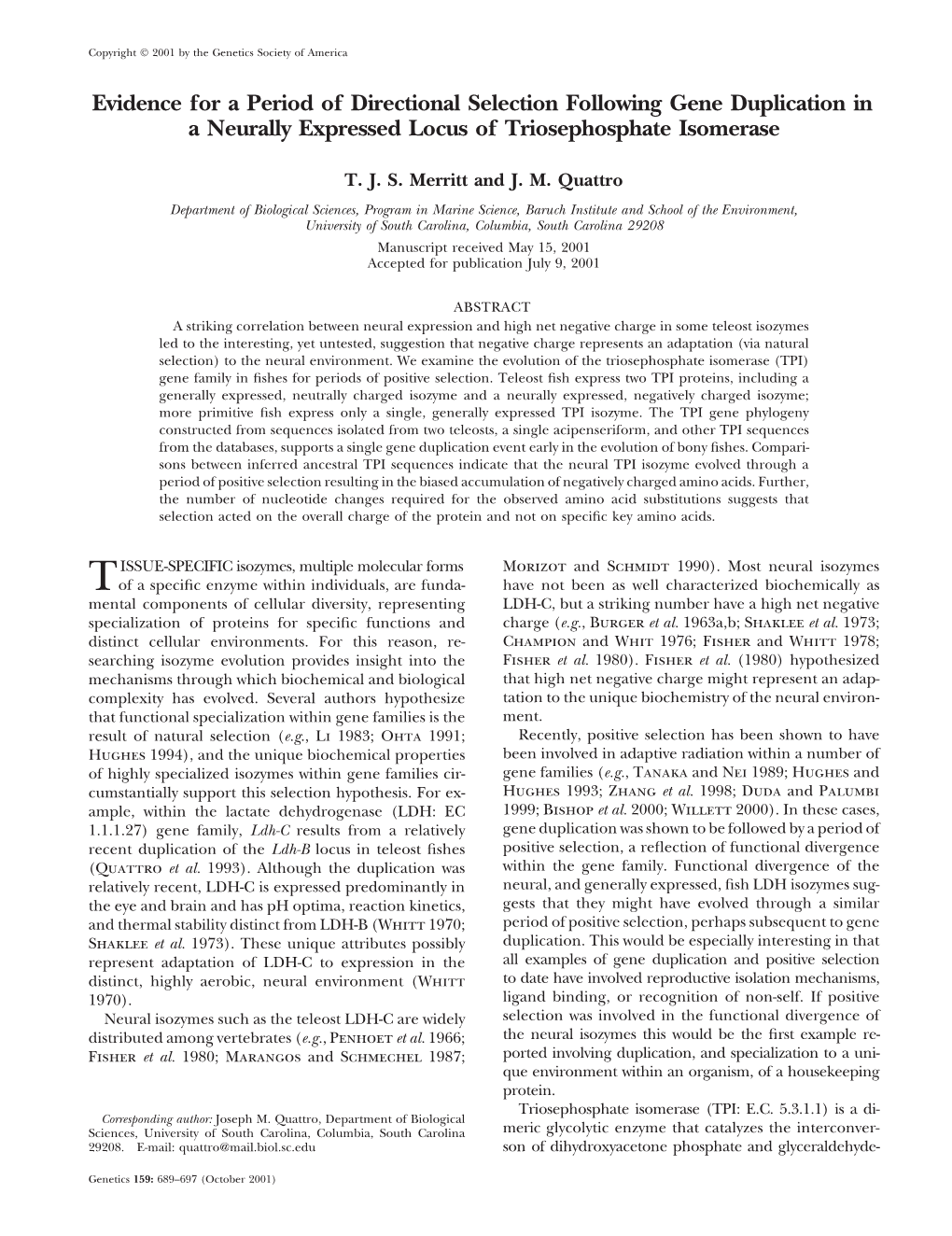 Evidence for a Period of Directional Selection Following Gene Duplication in a Neurally Expressed Locus of Triosephosphate Isomerase