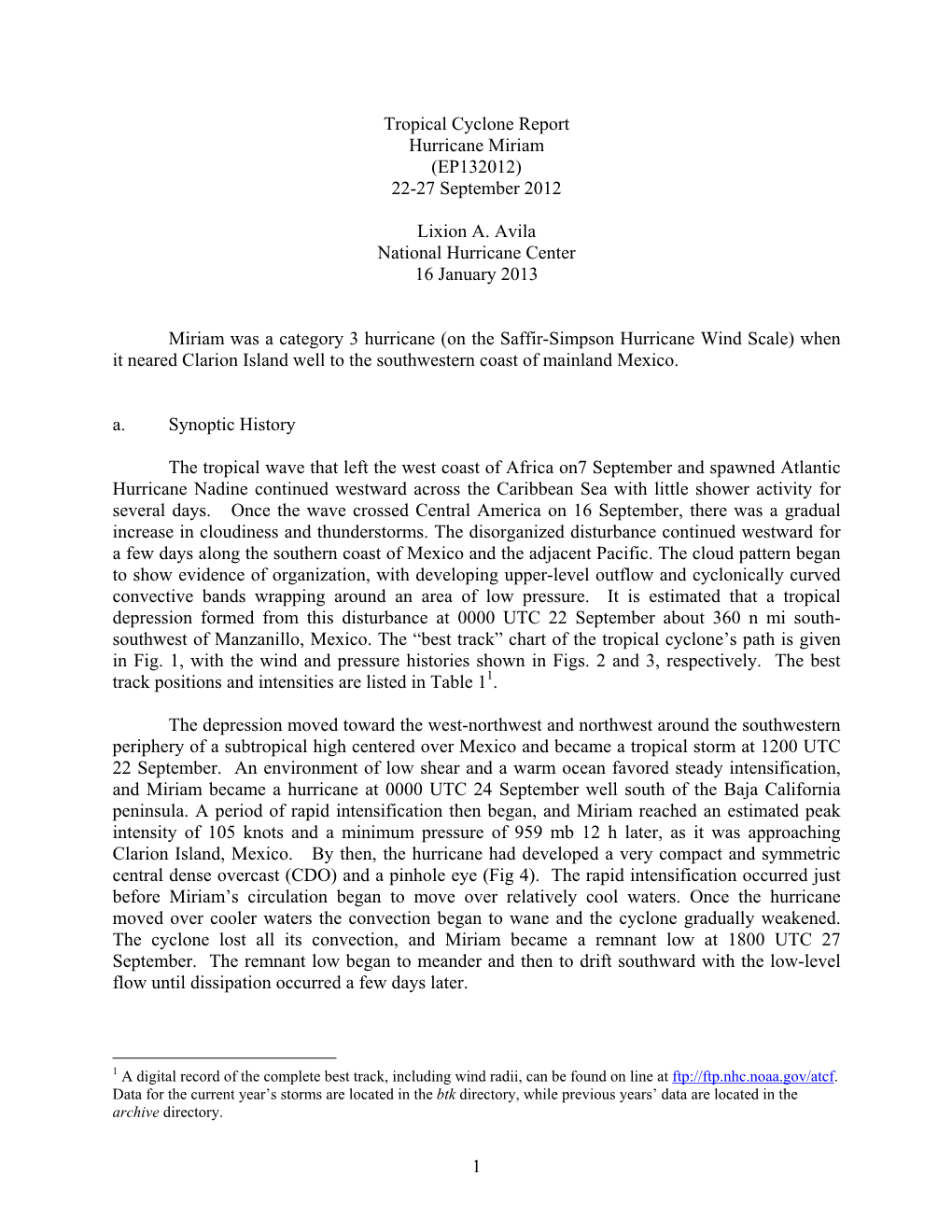 1 Tropical Cyclone Report Hurricane Miriam