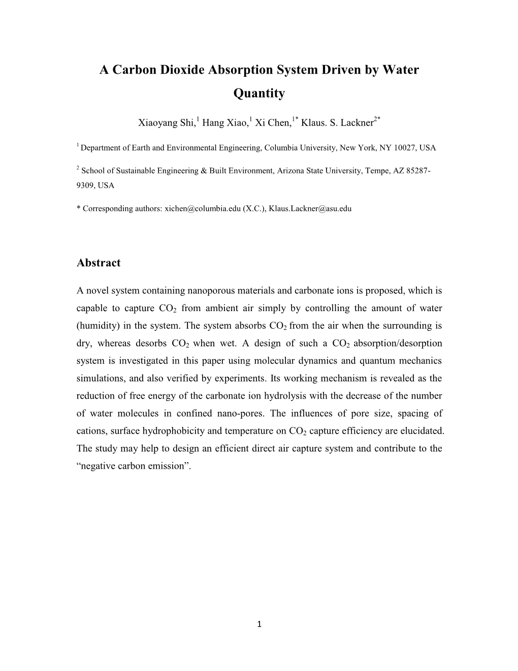 A Carbon Dioxide Absorption System Driven by Water Quantity