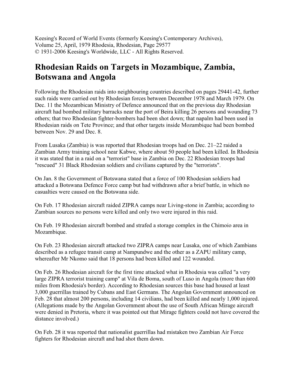 Rhodesian Raids on Targets in Mozambique, Zambia, Botswana and Angola