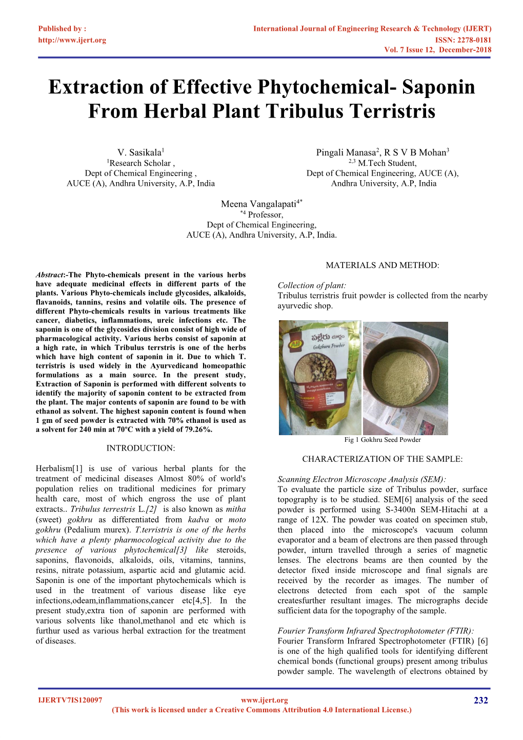 Extraction of Effective Phytochemical- Saponin from Herbal Plant Tribulus Terristris